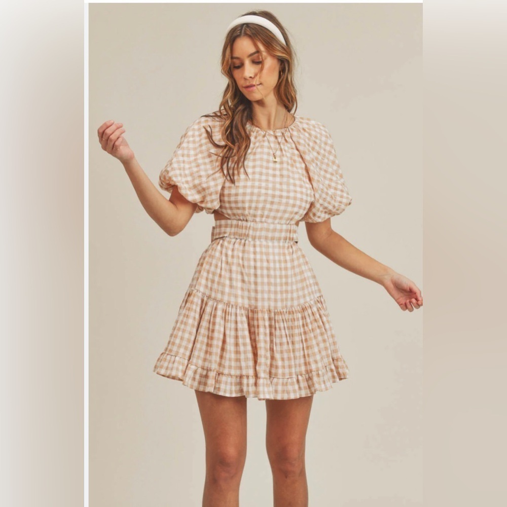 Mable Women’s M Blue/White Gingham Lolita Puffed Sleeve Cut-Out A-Line Dress EUC